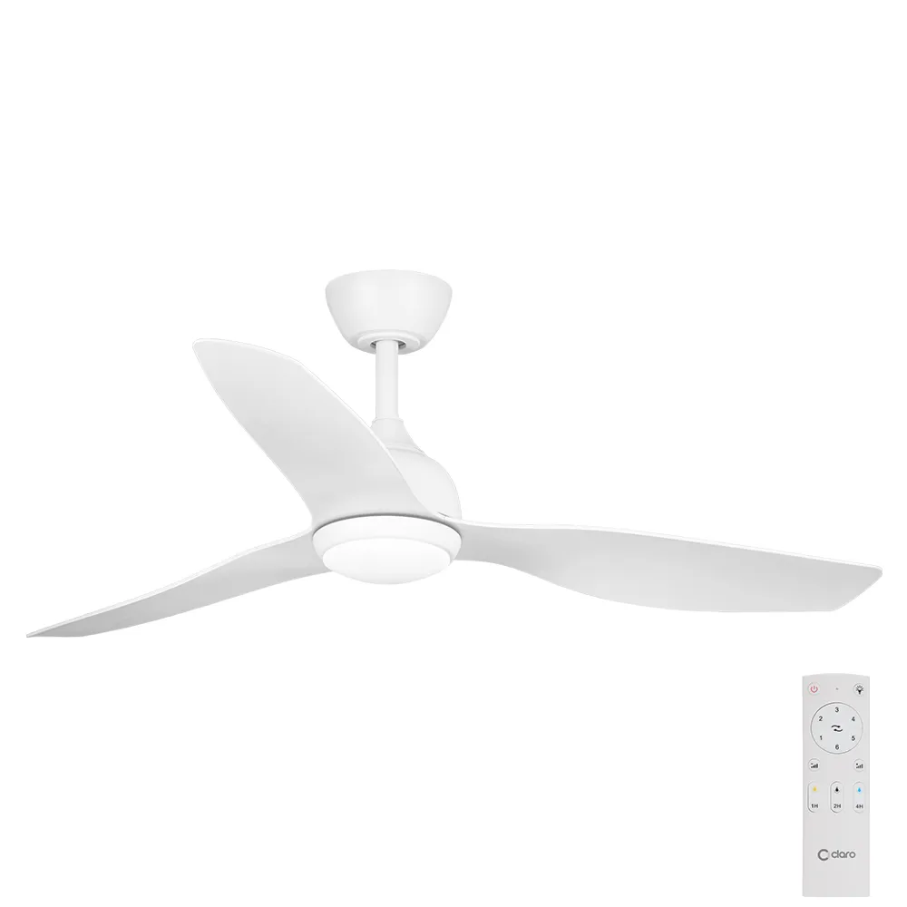 Claro Whisper DC Ceiling fan with Light and Remote Control in White 48-inch