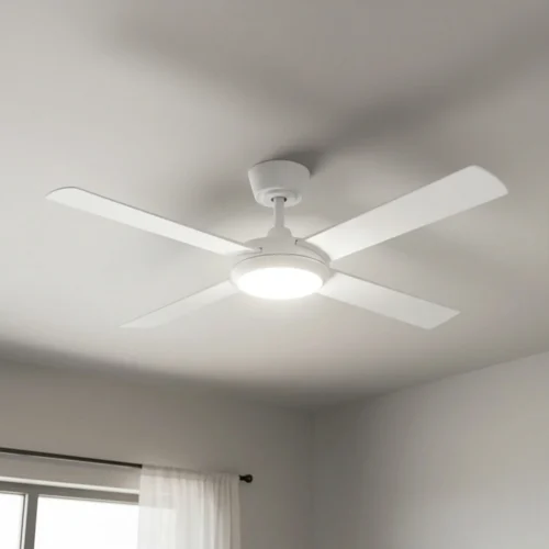 fanco-eco-silent-pro-48-inches-dc-ceiling-fan-white-with-lights-on-wooden-indoor-angled-view-close-up-insitu