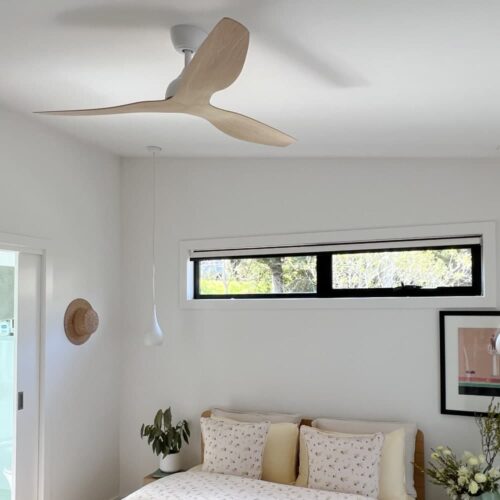modern light timber bedroom ceiling fan