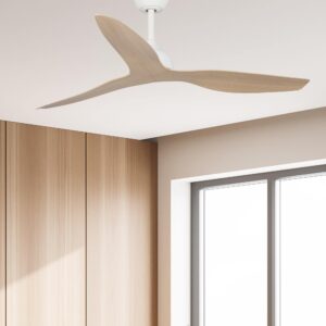 whisper ceiling fan with timber look blades in bedroom