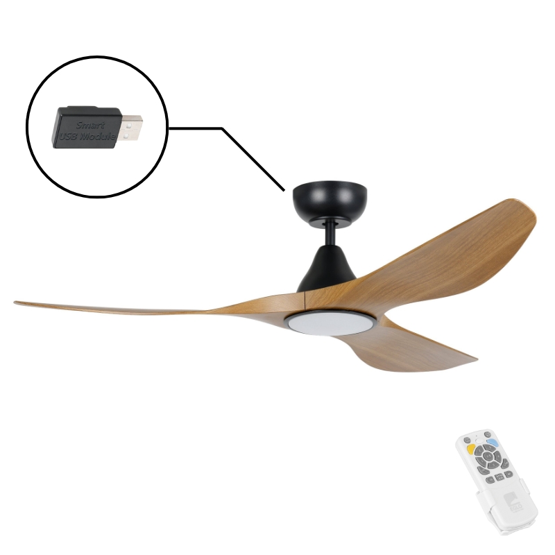 Eglo Surf 52 DC Ceiling Fan with LED Light- Black with Teak Blades