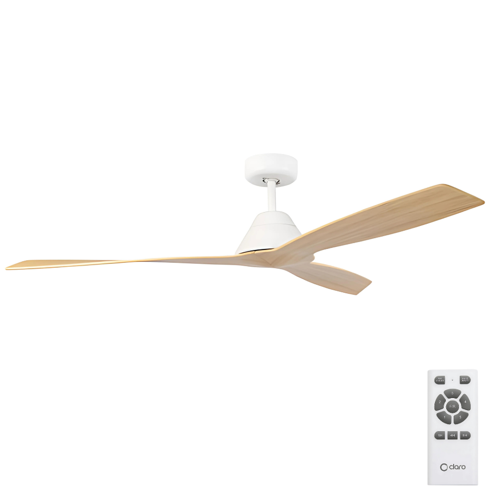 Claro Dreamer DC Ceiling Fan – White with Light Timber Style Blades 52″