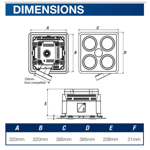 Ventair Heatforce DC 3-in-1 Exhaust Fan - White (2 Globes)