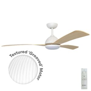 Claro Groove DC Ceiling Fan with CCT LED Light and Remote - White with Timber Style ABS Blades 52"