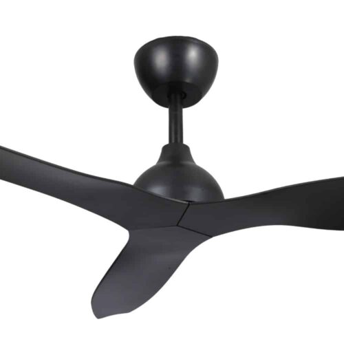 Close-up of black Whisper IP66 DC ceiling fan, 52-inch