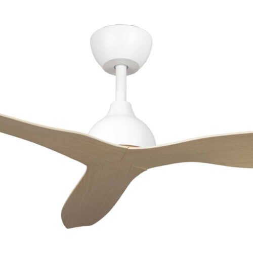 Close-up of white Whisper IP66 DC ceiling fan with light oak blades, 52-inch