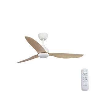 Claro Whisper IP66 DC Ceiling Fan with LED Light - White with Timber Style ABS Blades 52"