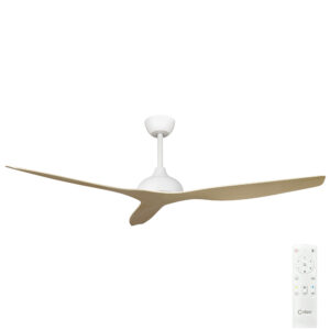 Claro Whisper IP66 DC Outdoor Ceiling Fan - White with Light Oak Blades 58"