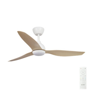 Claro Whisper IP66 DC Outdoor Ceiling Fan with LED Light - White with Light Oak Blades 52"