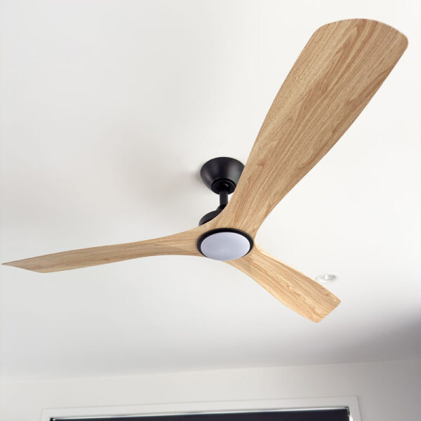 Three Sixty Spitfire DC Ceiling Fan with LED Light - Black with Light Oak Blades 52"