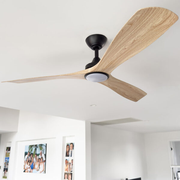 Three Sixty Spitfire DC Ceiling Fan with LED Light - Black with Light Oak Blades 52"