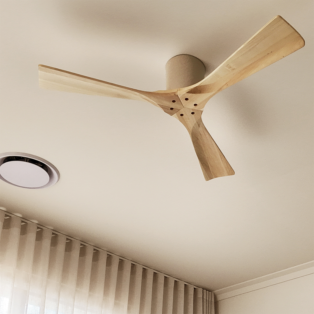 Fanco EarthFirst Gaia DC low profile ceiling fan with FSC® certified timber blades and sustainable Ecru motor housing