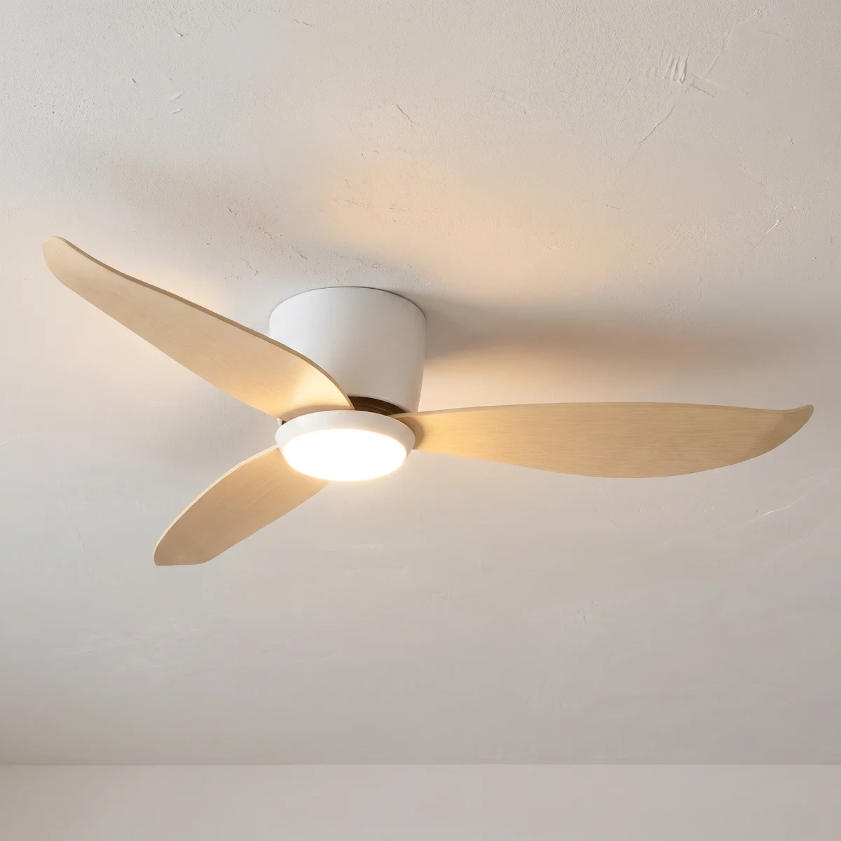 claro-essentials-spirit-dc-44-inches-white-with-timber-style-abs-blades-with-light-close-up-insitu