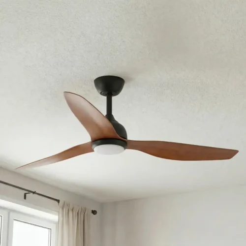 fanco-eco-style-dc-52-inch-black-with-koa-blades-with-cct-led-light-installed-in-ceiling