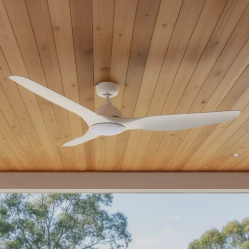 fanco-horizon-dc-64-inch-white-with-cct-led-light-installed-in-wood-paneled-ceiling